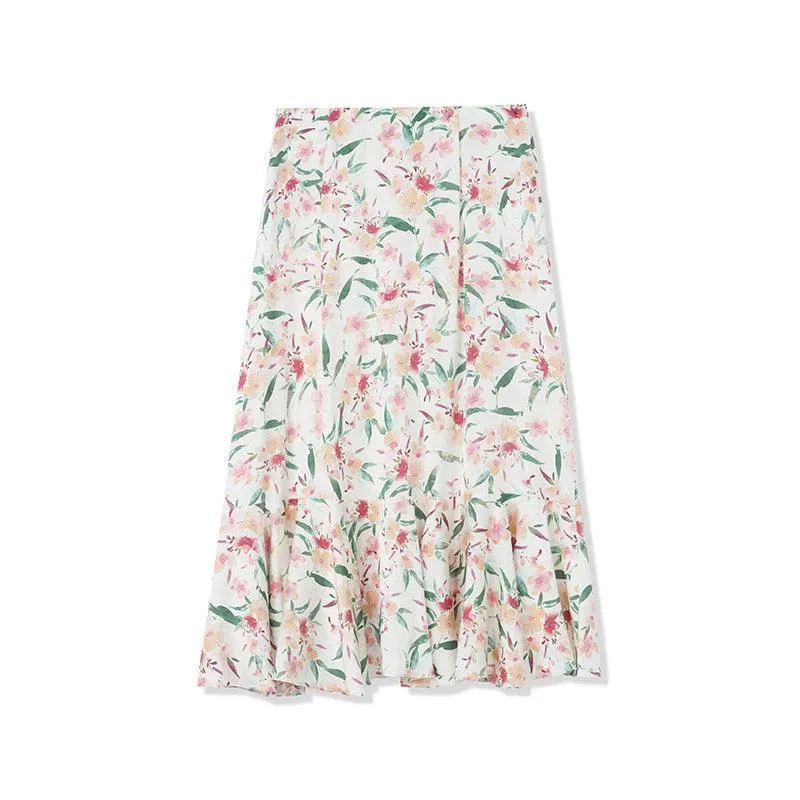 19Mm Stretch Silk Print Fishtail Skirt