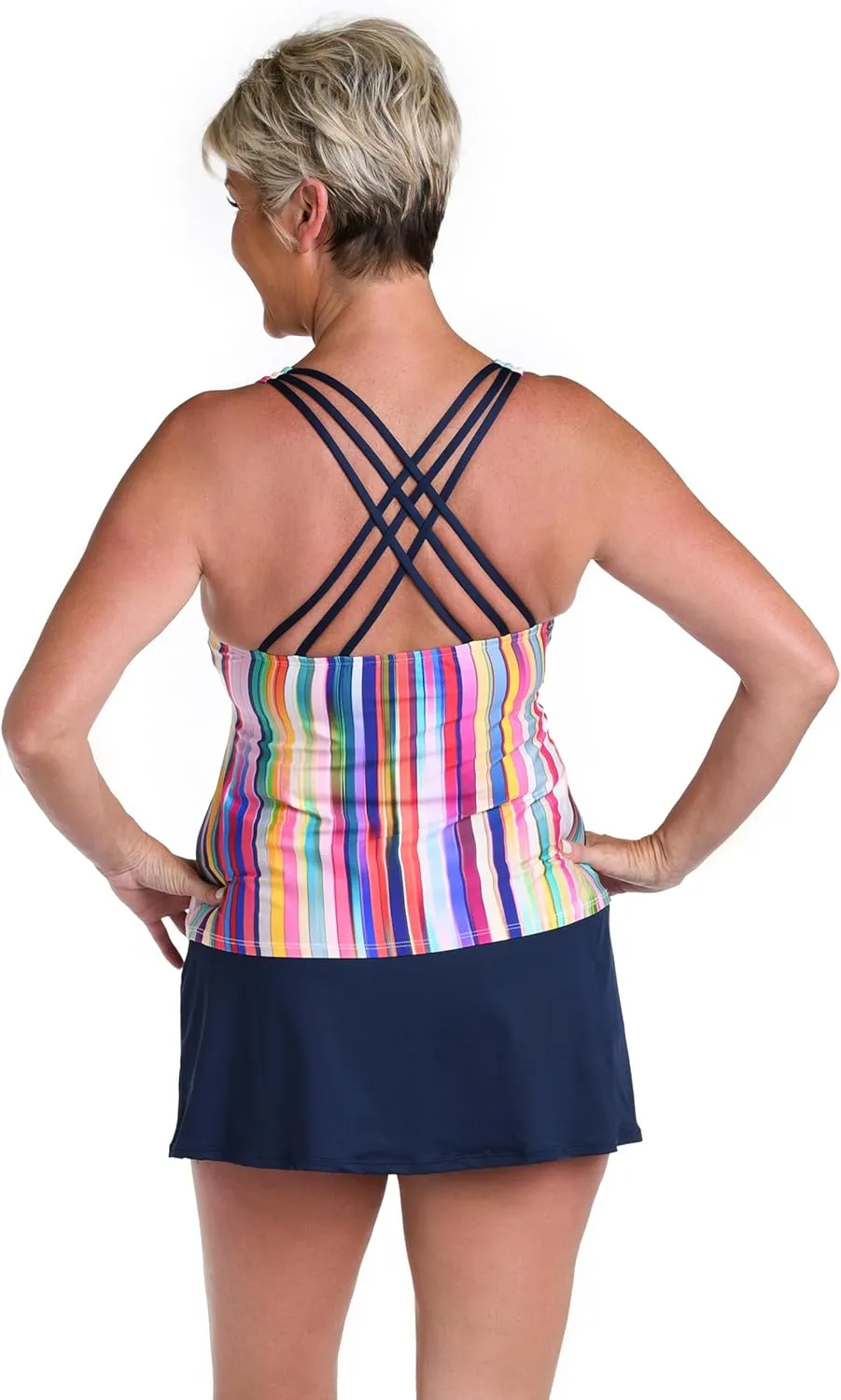 24th & Ocean Women's Blue Tropical Leaves Crisscross Scoop Neck Sleeveless Tankini Top