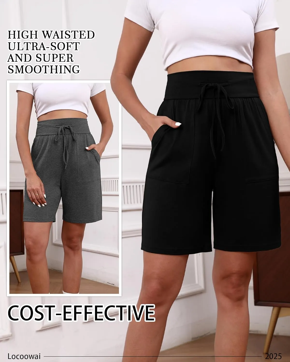 3 Pack Women's Bermuda Shorts High Waist Cotton Drawstring Casual Lounge Athletic Knee Long Shorts with Pockets
