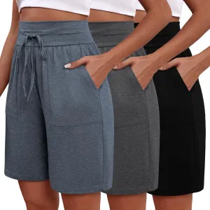 3 Pack Women's Bermuda Shorts High Waist Cotton Drawstring Casual Lounge Athletic Knee Long Shorts with Pockets