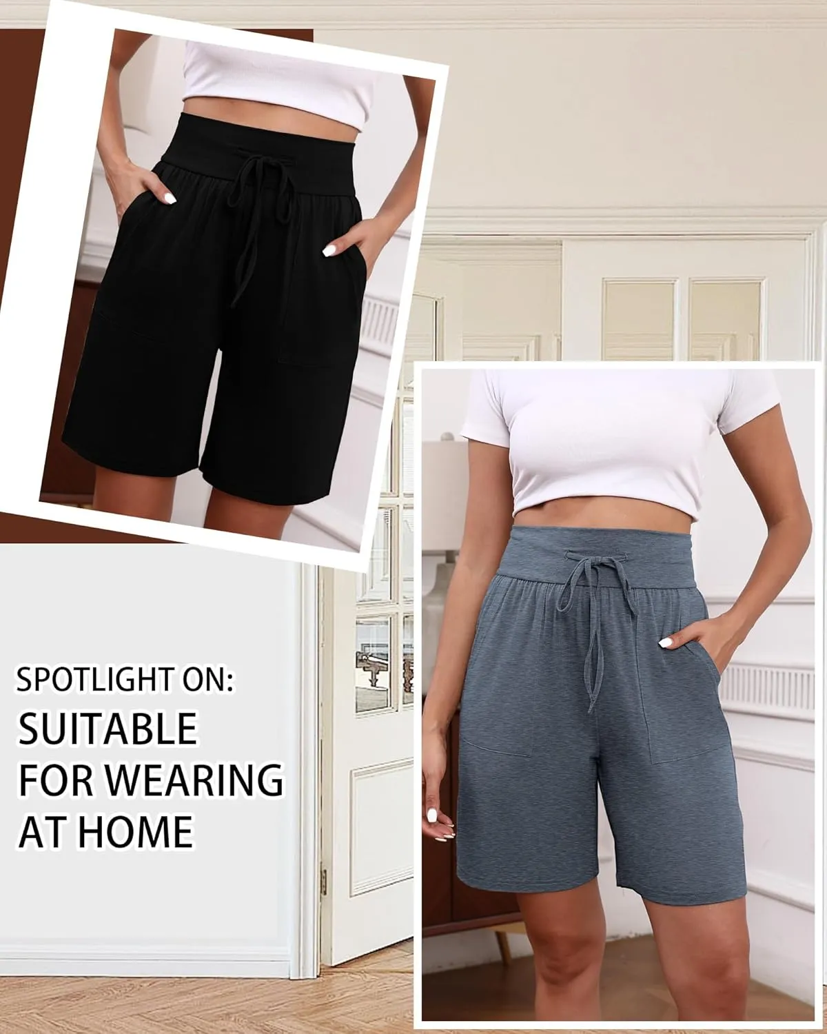 3 Pack Women's Bermuda Shorts High Waist Cotton Drawstring Casual Lounge Athletic Knee Long Shorts with Pockets
