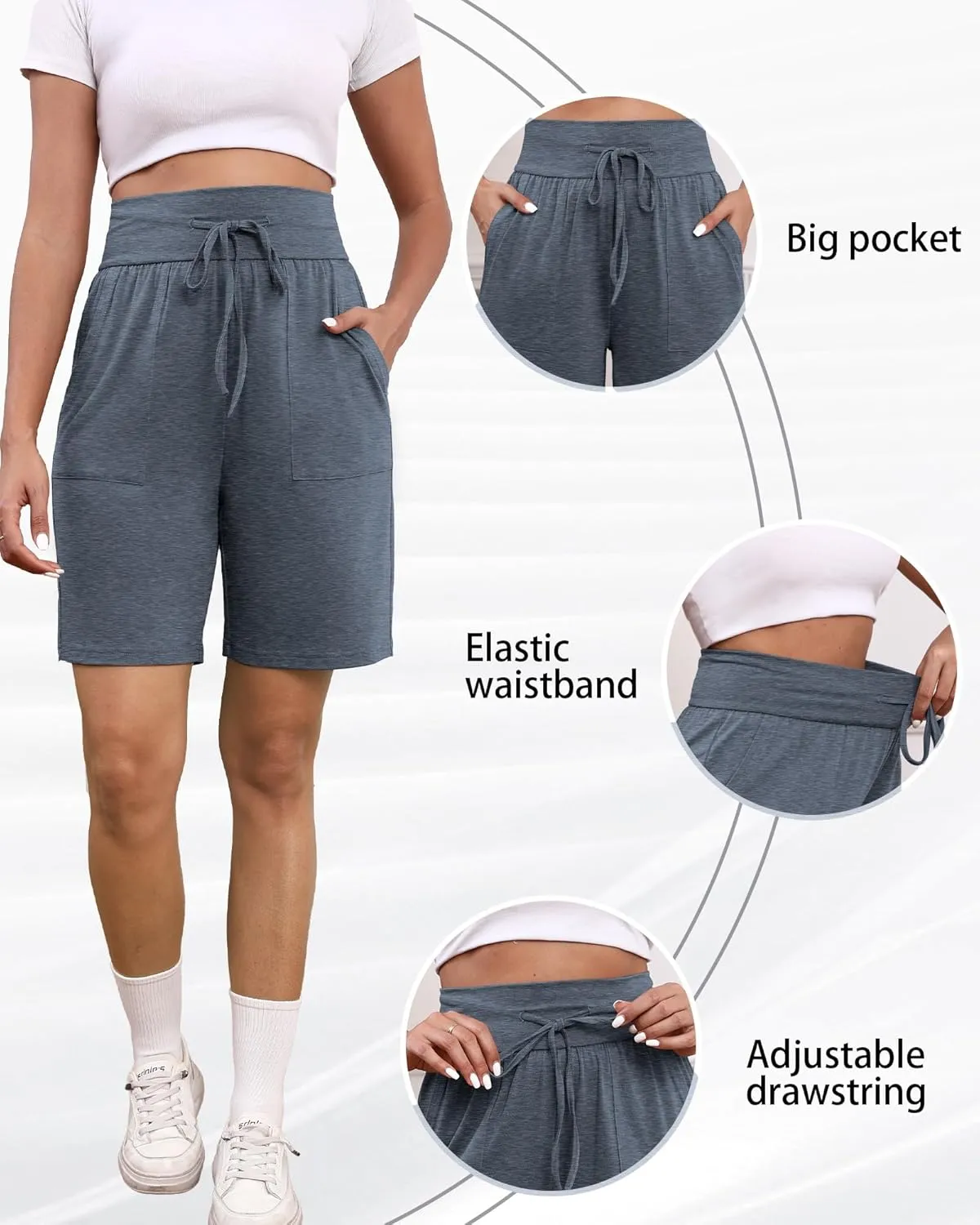 3 Pack Women's Bermuda Shorts High Waist Cotton Drawstring Casual Lounge Athletic Knee Long Shorts with Pockets