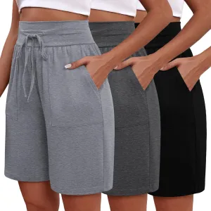 3 Pack Women's Bermuda Shorts High Waist Cotton Drawstring Casual Lounge Athletic Knee Long Shorts with Pockets