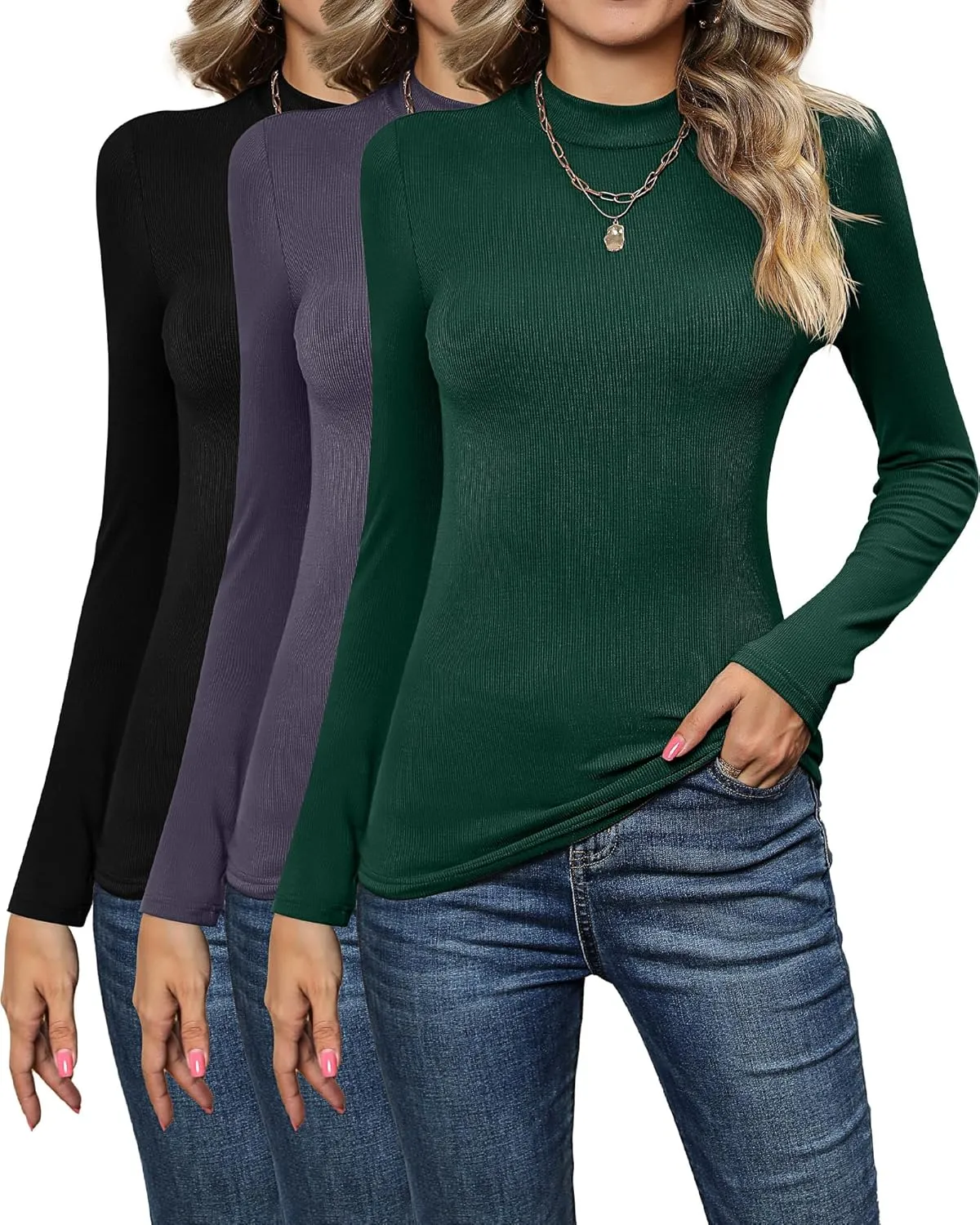 3 Pack Women's Mock Neck Tops, Fitted Ribbed Turtleneck Shirts 2025 Trendy Long Sleeve Knit Thermal Undershirts Tee