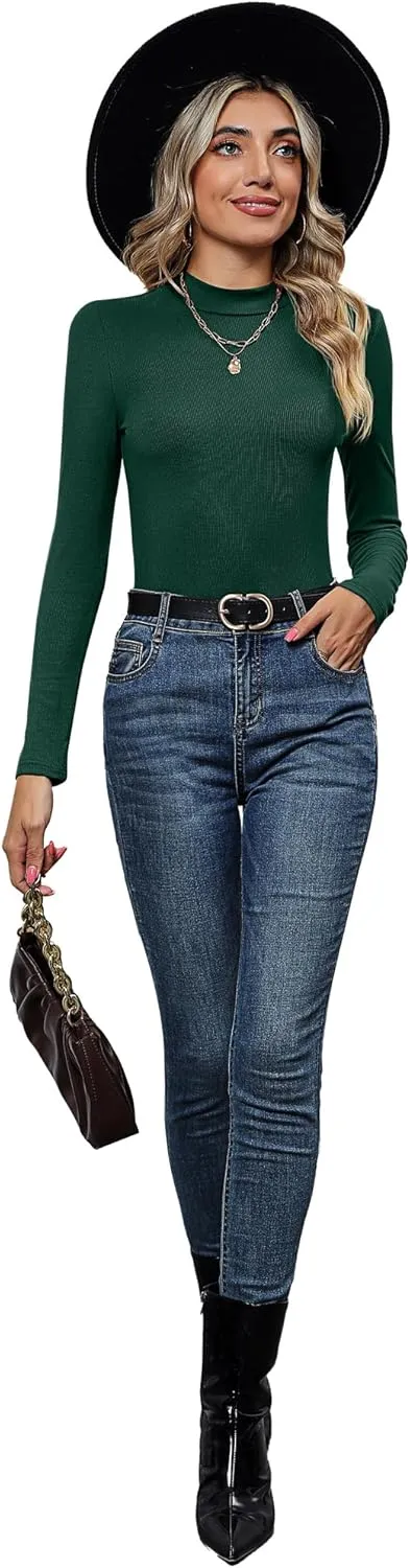 3 Pack Women's Mock Neck Tops, Fitted Ribbed Turtleneck Shirts 2025 Trendy Long Sleeve Knit Thermal Undershirts Tee
