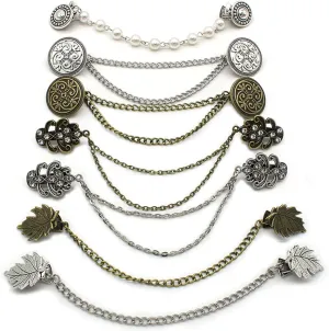 7 Pcs Sweater Clips Retro Shawl Dresses Clips with Chains Serration Attachment Decorative Zinc Alloy Cardigan Cloak Clasp for Women, Girl Ideal Gift Cardigan Clip
