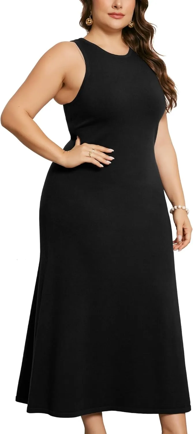 Agnes Orinda Plus Size Sweater Dress for Women Crewneck Sleeveless Knit Casual Sweater Tank Dress