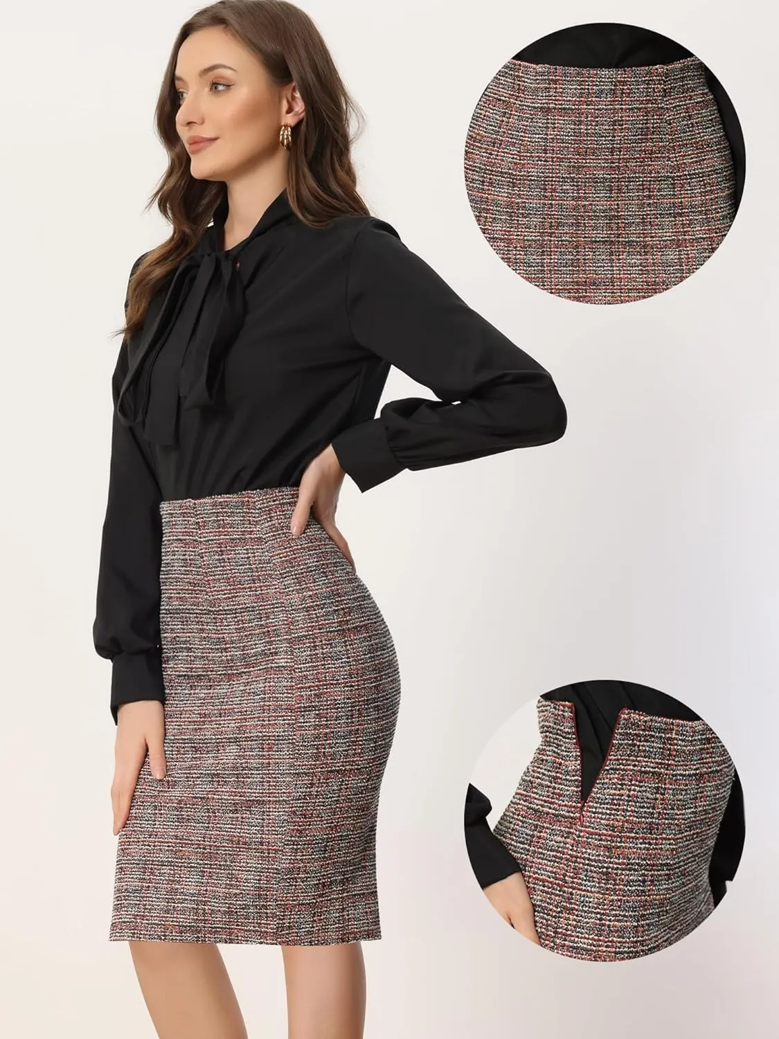 Allegra K Tweed Skirt for Women's Office Work High Waist Split Bodycon Plaid Pencil Skirts