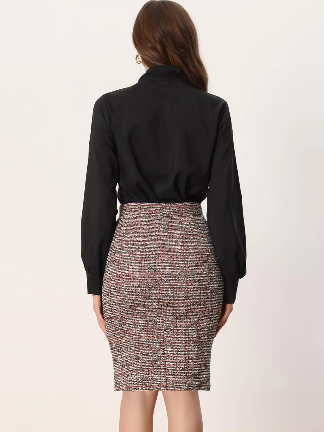Allegra K Tweed Skirt for Women's Office Work High Waist Split Bodycon Plaid Pencil Skirts