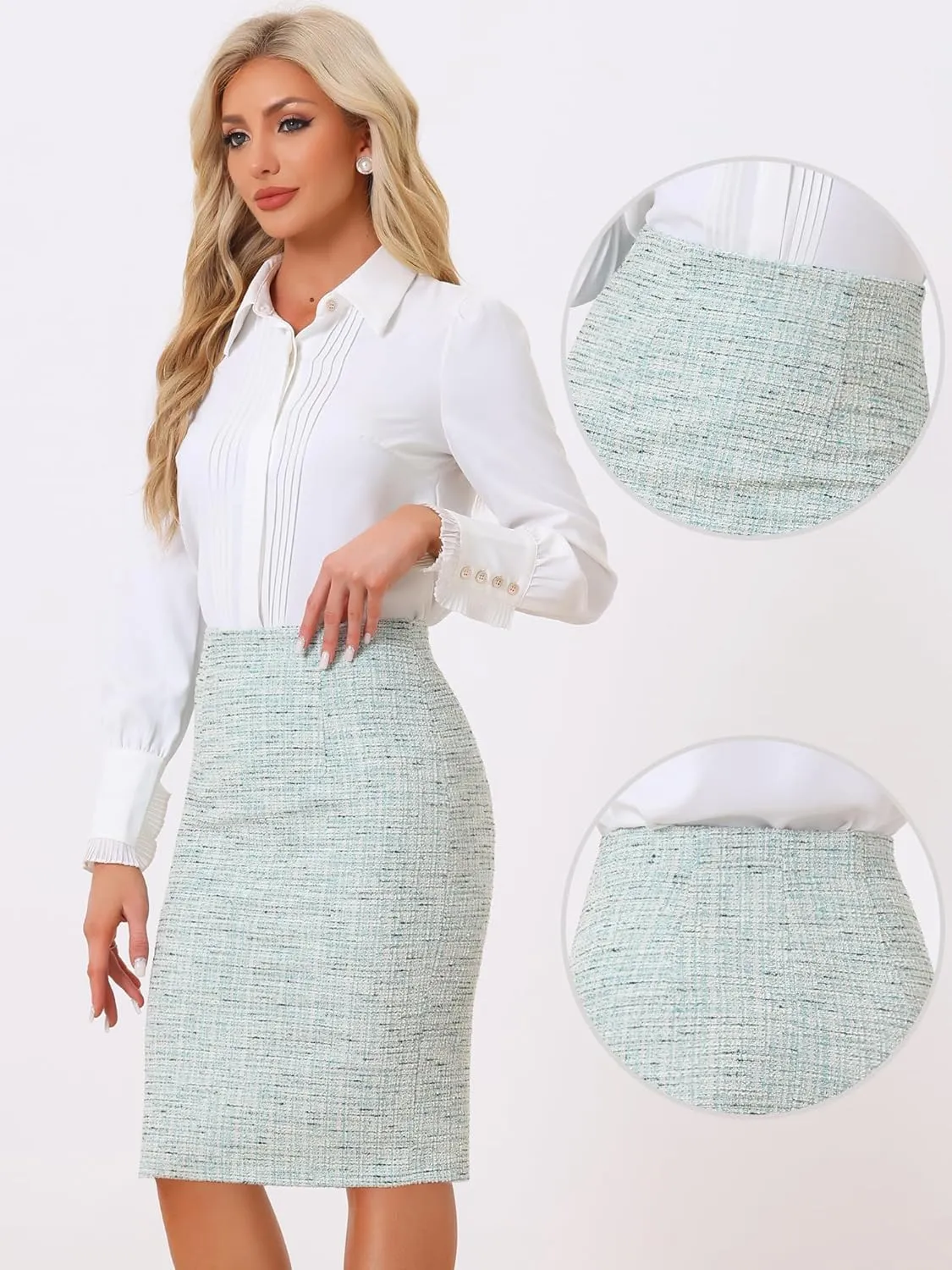 Allegra K Tweed Skirt for Women's Office Work High Waist Split Bodycon Plaid Pencil Skirts