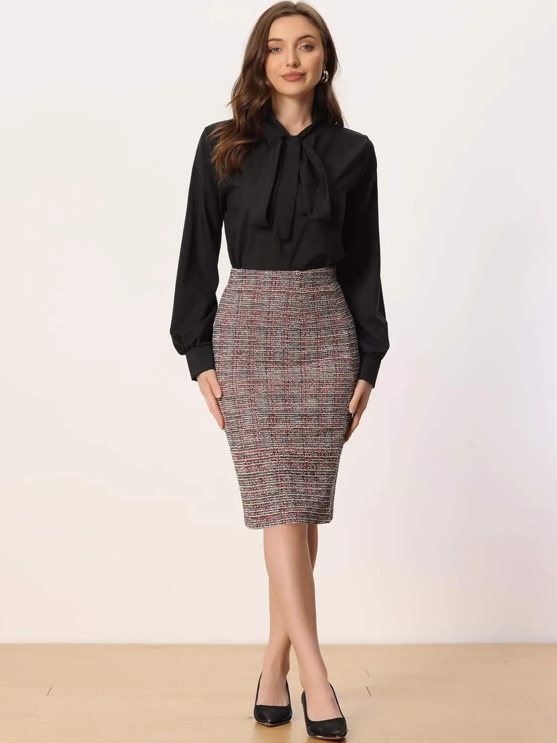 Allegra K Tweed Skirt for Women's Office Work High Waist Split Bodycon Plaid Pencil Skirts