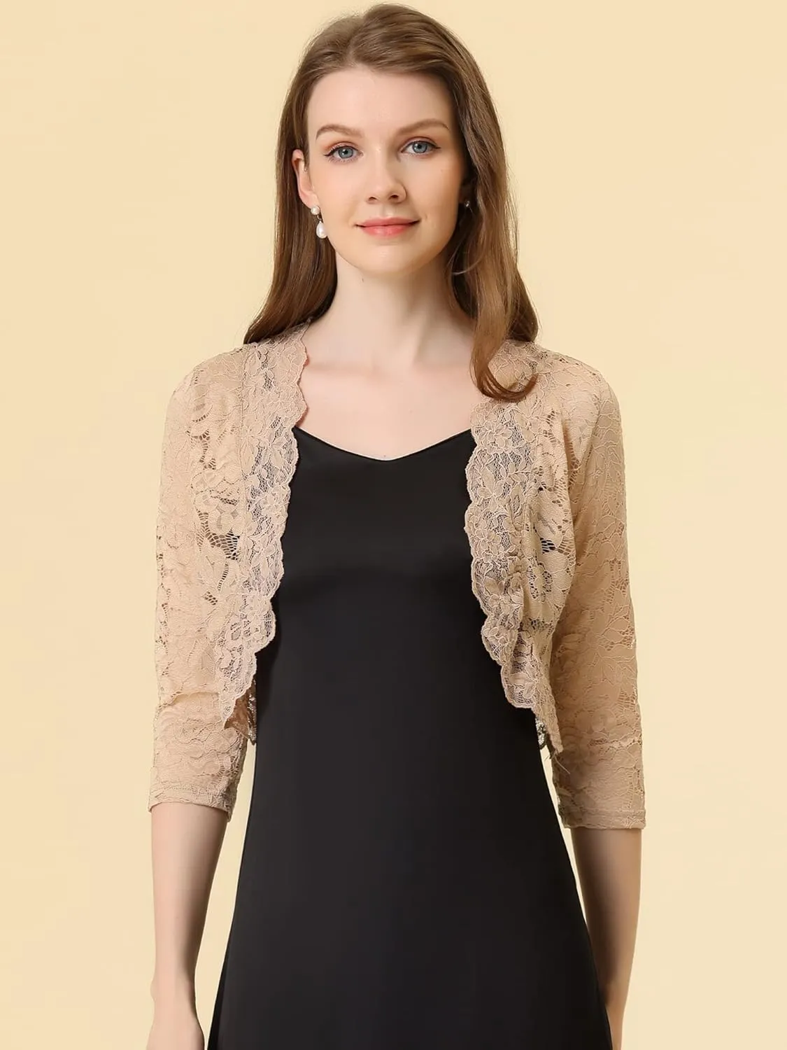 Allegra K Women's Elegant 3/4 Sleeve Sheer Floral Lace Shrug Top