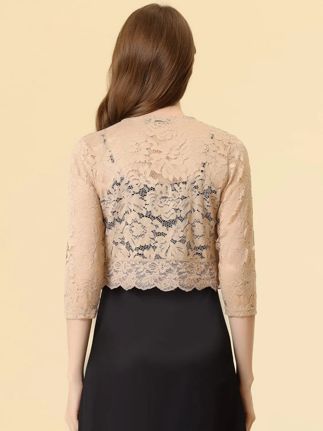 Allegra K Women's Elegant 3/4 Sleeve Sheer Floral Lace Shrug Top