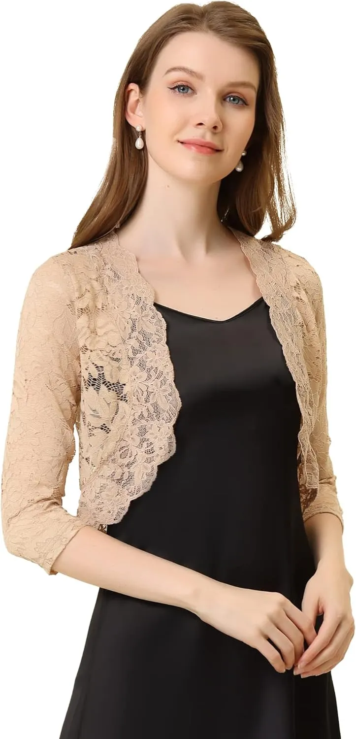 Allegra K Women's Elegant 3/4 Sleeve Sheer Floral Lace Shrug Top