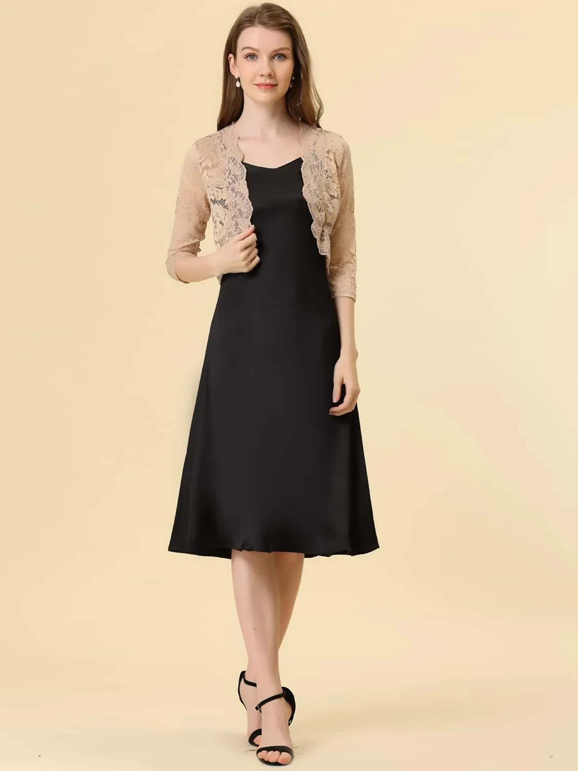 Allegra K Women's Elegant 3/4 Sleeve Sheer Floral Lace Shrug Top