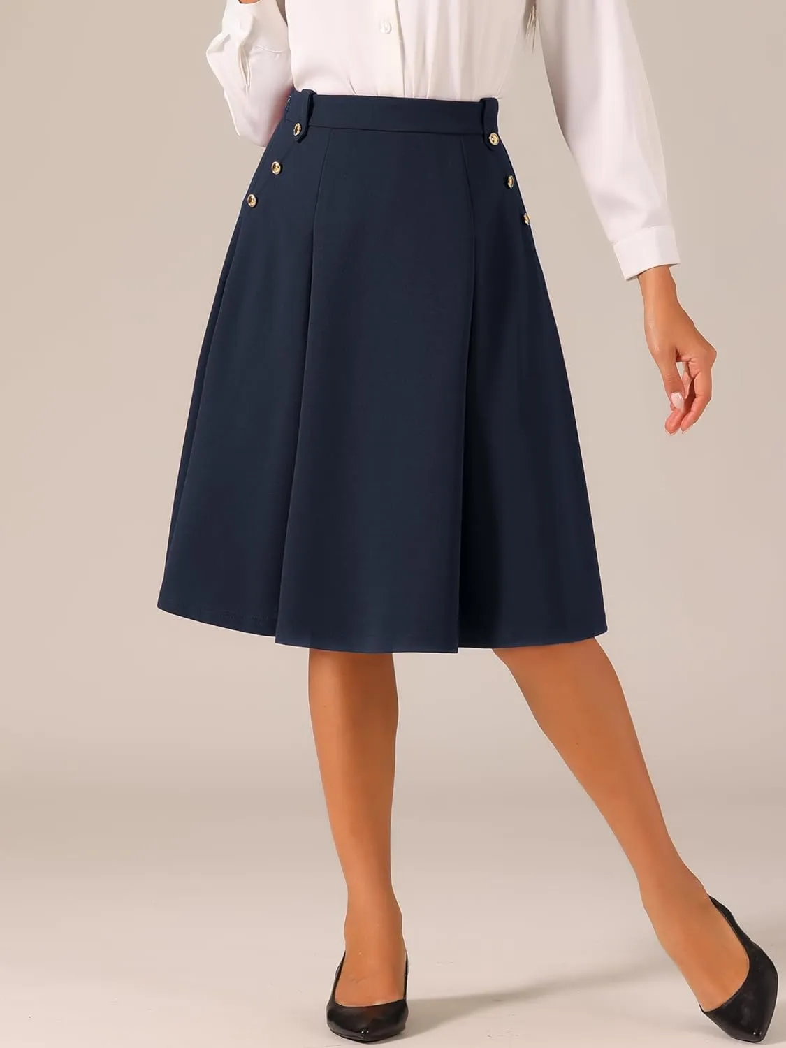 Allegra K Women's High Waist Work Office Vintage Pleated Flared Teacher Midi Skirt