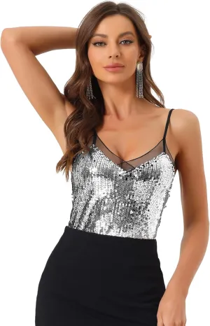 Allegra K Women's Sequin Sparkle Camisole Mesh Panel Sleeveless Party Club Cami Top