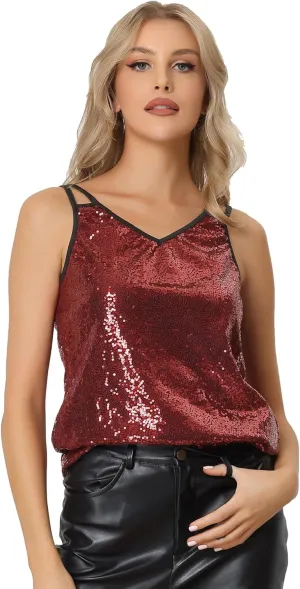 Allegra K Women's Sequin Sparkle Camisole Shining Club Party Disco Glitter Cami Top