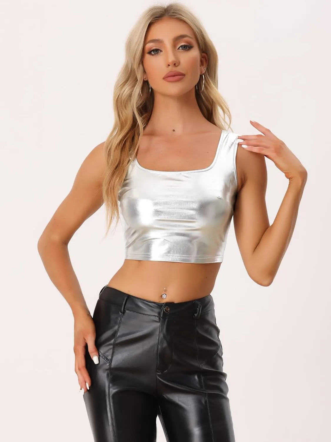 Allegra K Women's U Neck Sleeveless Party Clubwear Holographic Shiny Metallic Crop Top
