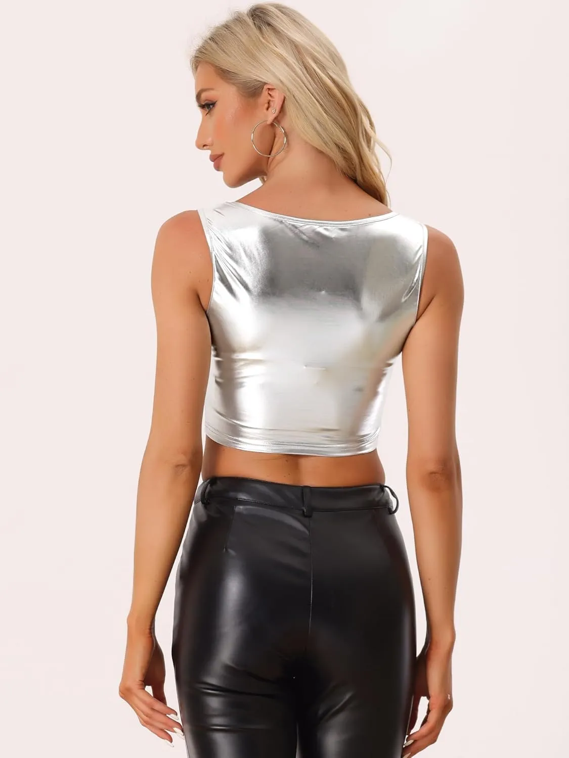 Allegra K Women's U Neck Sleeveless Party Clubwear Holographic Shiny Metallic Crop Top