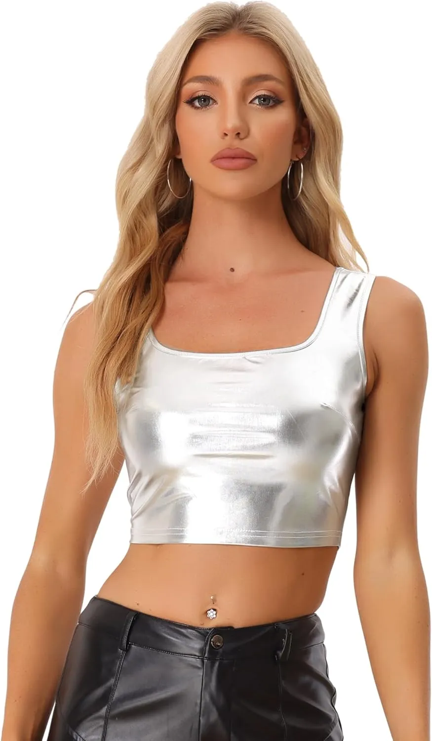 Allegra K Women's U Neck Sleeveless Party Clubwear Holographic Shiny Metallic Crop Top