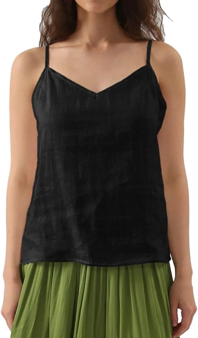 Amazhiyu Women's Linen Camisole Tank Top V-Neck Loose Casual Adjustable Strap Tops