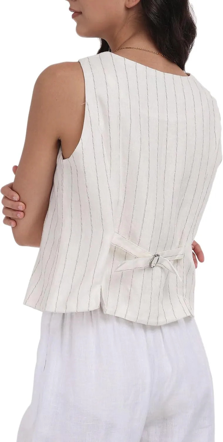 Amazhiyu Womens Pure Linen Sleeveless Button Down Crop Top V Neck Waistcoat Vest