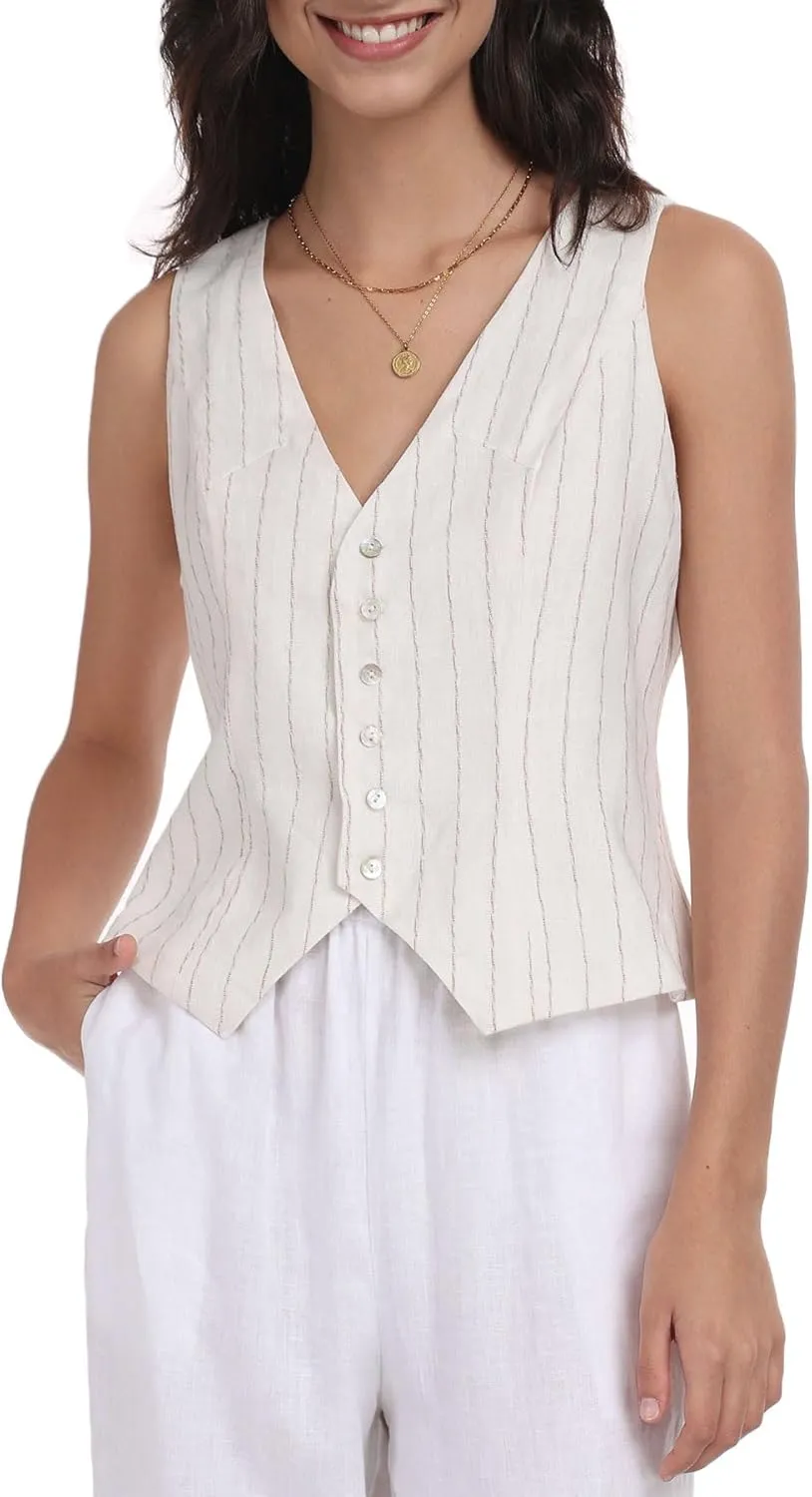 Amazhiyu Womens Pure Linen Sleeveless Button Down Crop Top V Neck Waistcoat Vest