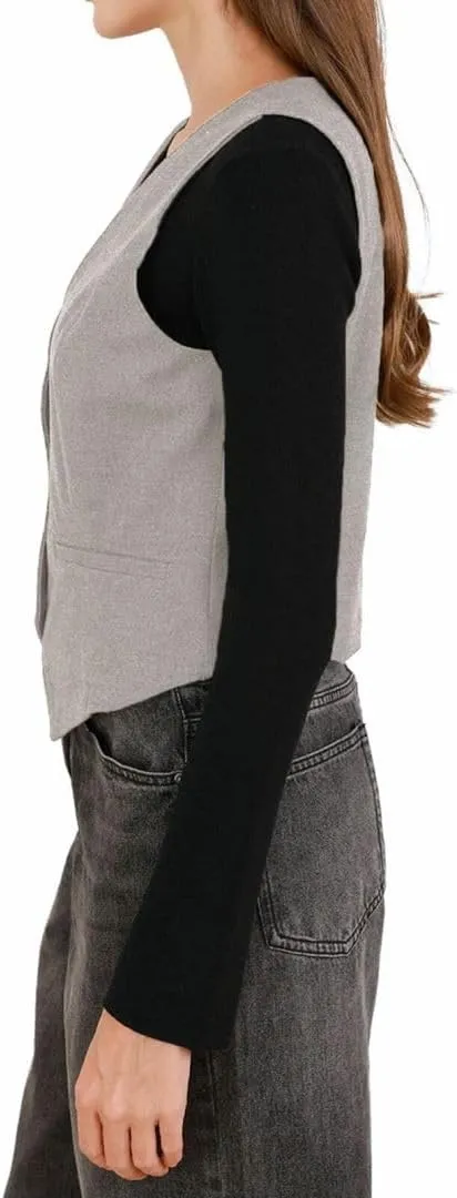 Amazhiyu Women's Wool Button-up Sleeveless Waistcoat Vest Crop Top with Pockets