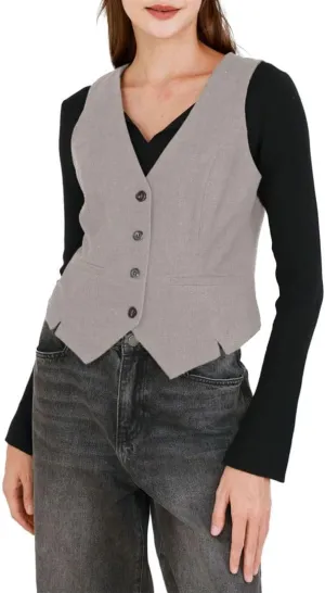Amazhiyu Women's Wool Button-up Sleeveless Waistcoat Vest Crop Top with Pockets