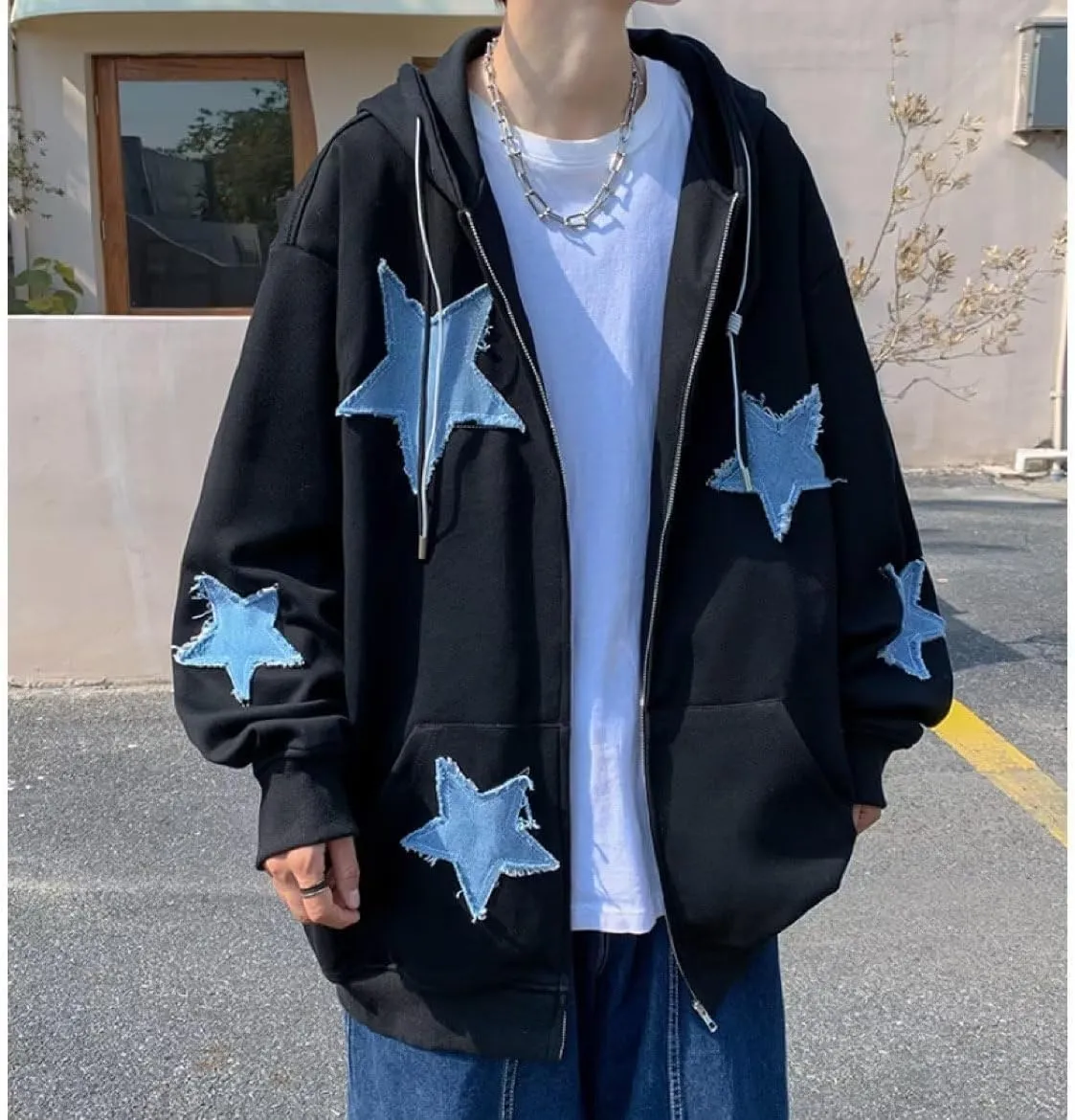 Amiblvowa Y2K Zip Up Hoodie Men Women Star Letter Graphic Hoodies Vintage Aesthetic Hooded Sweatshirt Harajuku Jacket