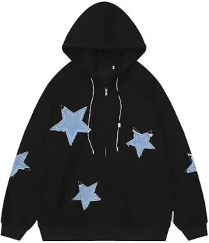 Amiblvowa Y2K Zip Up Hoodie Men Women Star Letter Graphic Hoodies Vintage Aesthetic Hooded Sweatshirt Harajuku Jacket