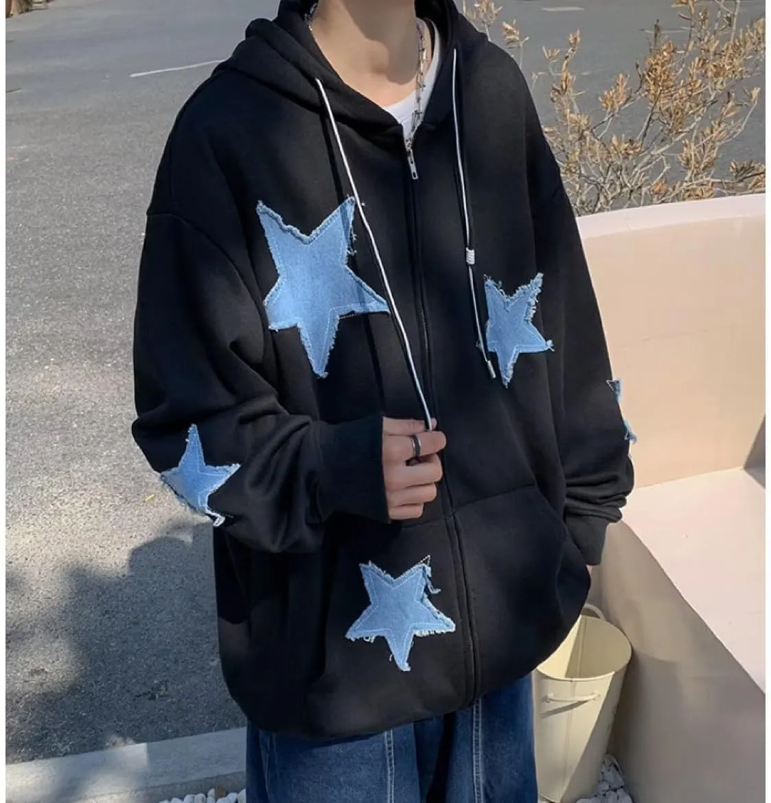 Amiblvowa Y2K Zip Up Hoodie Men Women Star Letter Graphic Hoodies Vintage Aesthetic Hooded Sweatshirt Harajuku Jacket
