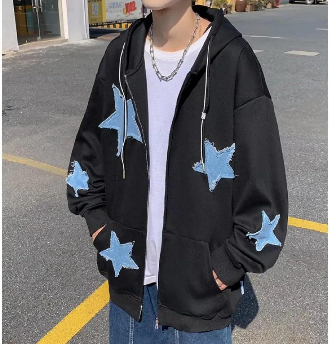 Amiblvowa Y2K Zip Up Hoodie Men Women Star Letter Graphic Hoodies Vintage Aesthetic Hooded Sweatshirt Harajuku Jacket