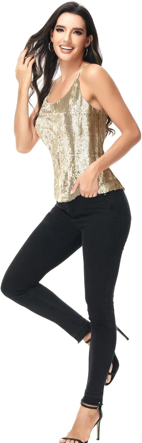 Anna-Kaci Womens All Over Shiny Sequin Spaghetti Strap Vest Camisole Tank Top