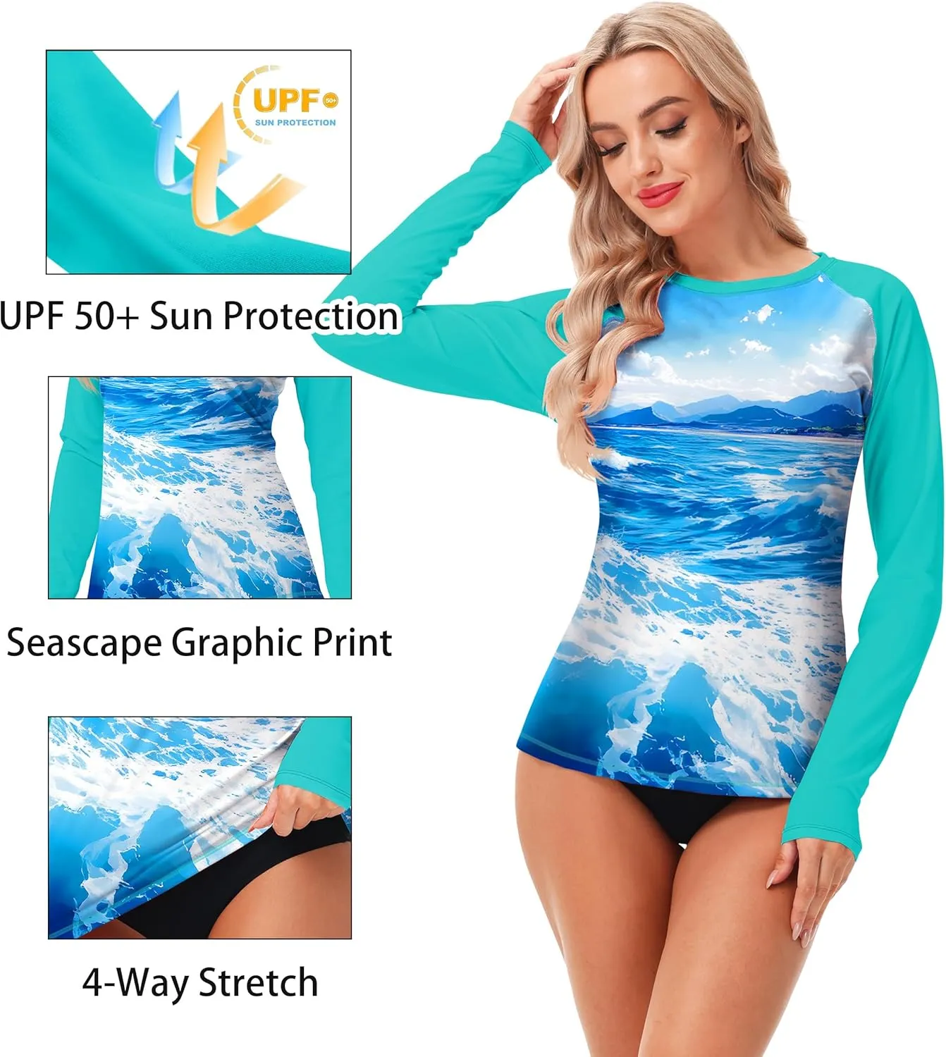 AOBUTE Women Rash Guard UPF 50  Long Sleeve Swim Top Surf Shirts