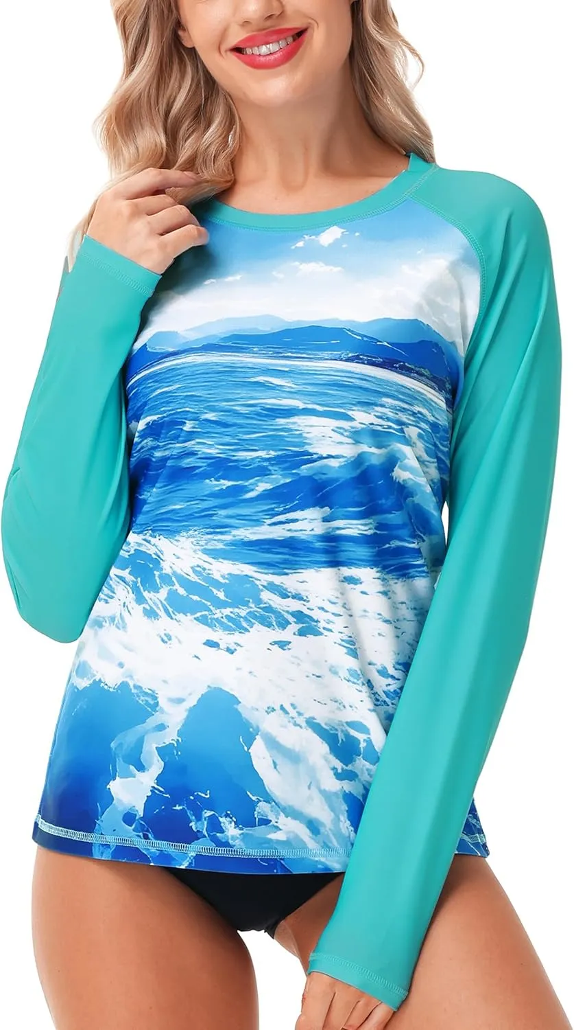 AOBUTE Women Rash Guard UPF 50  Long Sleeve Swim Top Surf Shirts