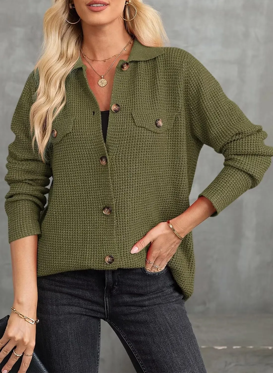 Astylish Women Waffle Knit Shacket Jacket Casual Long Sleeve Sweater Button Down Shirts Dressy Blouse Tops