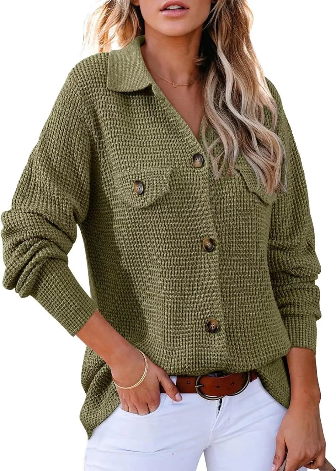 Astylish Women Waffle Knit Shacket Jacket Casual Long Sleeve Sweater Button Down Shirts Dressy Blouse Tops