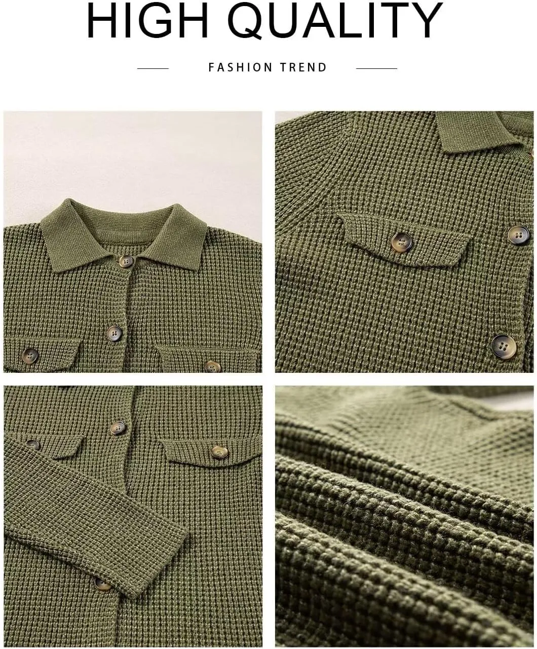 Astylish Women Waffle Knit Shacket Jacket Casual Long Sleeve Sweater Button Down Shirts Dressy Blouse Tops