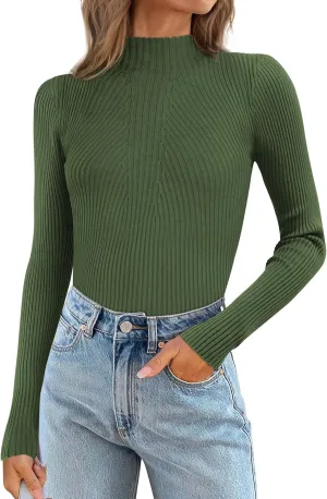 ATHMILE Women's 2025 Fall Long Sleeve Pullover Ribbed Knit Sweater Low Mock Neck Slim Fit Basic Casual Tee Tops