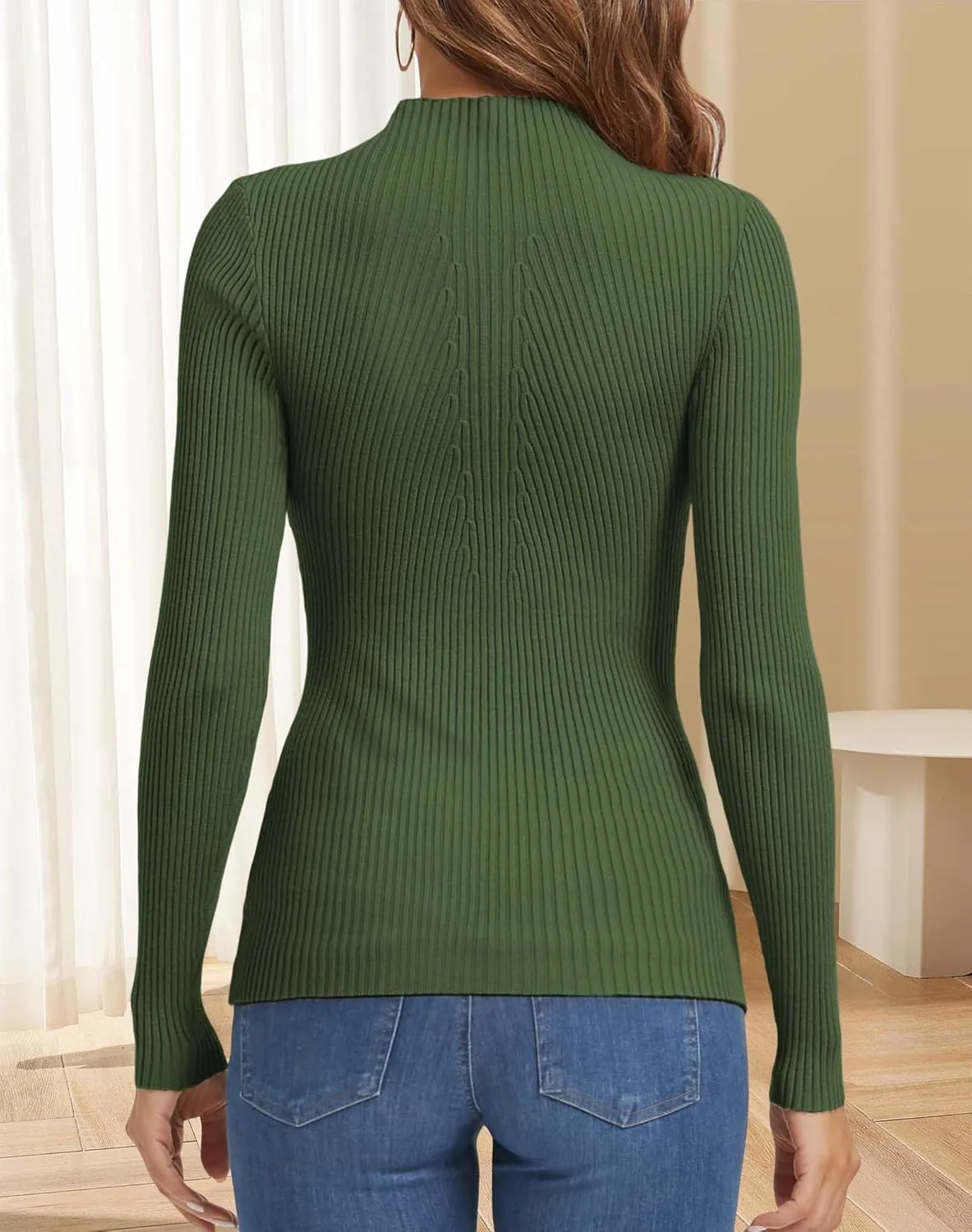 ATHMILE Women's 2025 Fall Long Sleeve Pullover Ribbed Knit Sweater Low Mock Neck Slim Fit Basic Casual Tee Tops