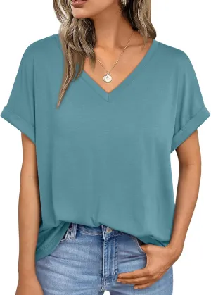 AUTOMET Women's Oversized V Neck Tshirts Casual Basic Short Sleeve Summer Tops Loose Fit 2025 Plain Tee Shirts