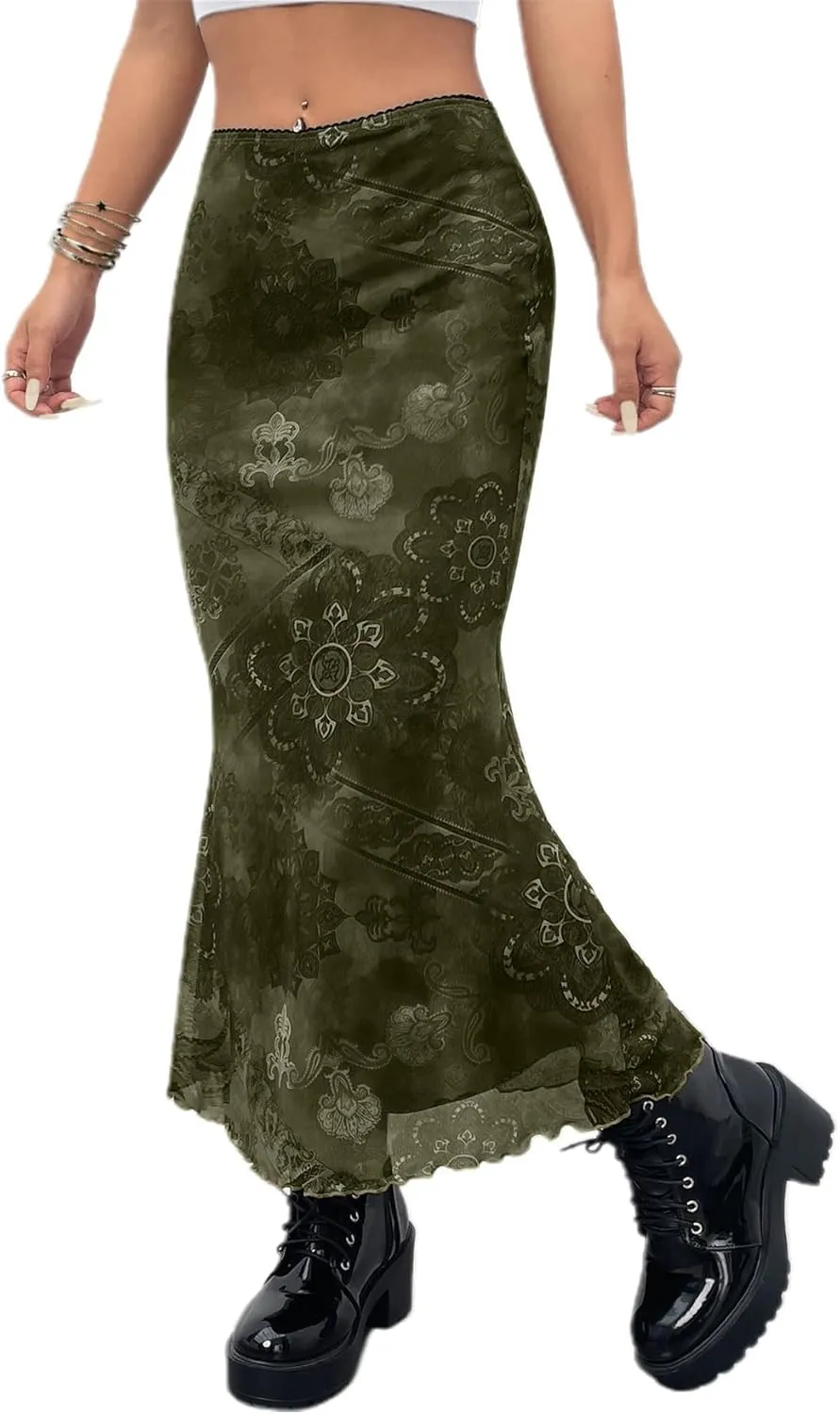 Avanova Women Ditsy Floral Bohemia Mesh Mermaid Skirt High Waist Summer Midi Skirts