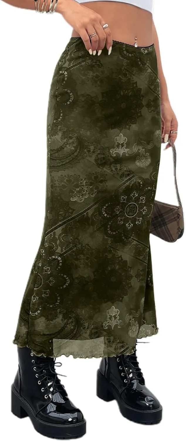 Avanova Women Ditsy Floral Bohemia Mesh Mermaid Skirt High Waist Summer Midi Skirts
