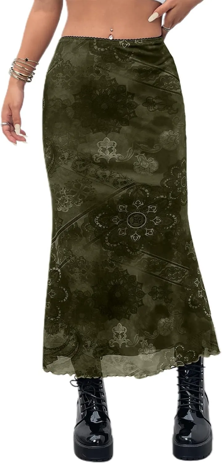 Avanova Women Ditsy Floral Bohemia Mesh Mermaid Skirt High Waist Summer Midi Skirts