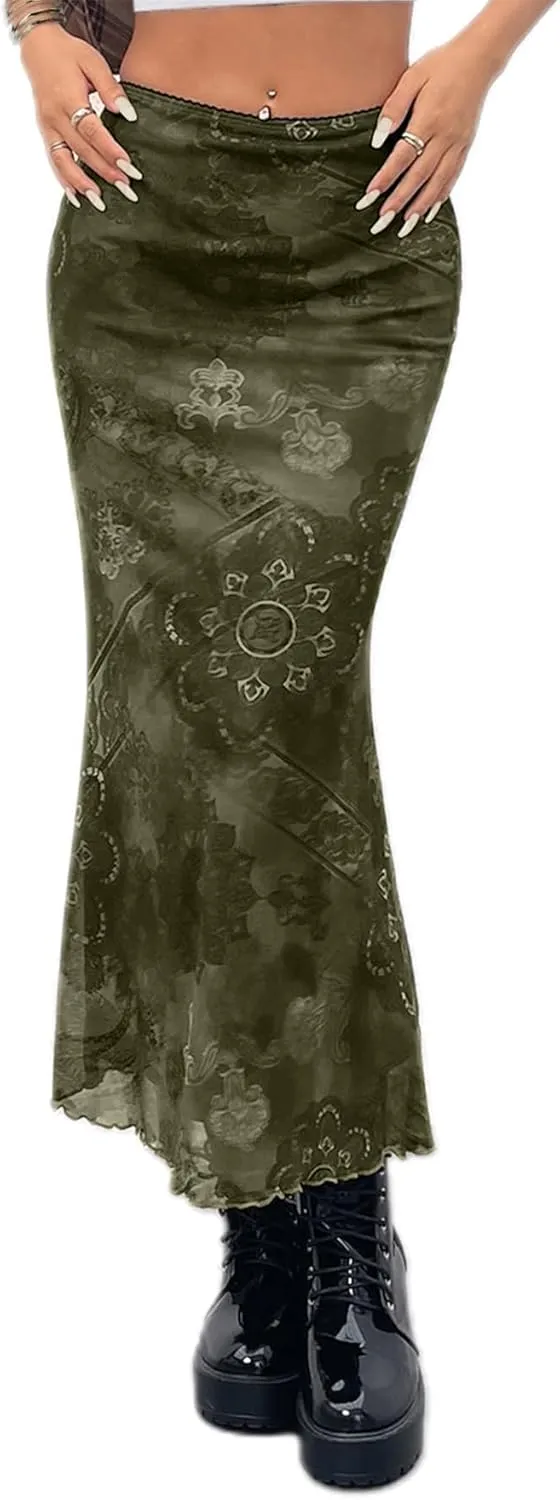 Avanova Women Ditsy Floral Bohemia Mesh Mermaid Skirt High Waist Summer Midi Skirts