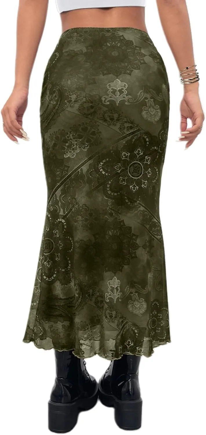 Avanova Women Ditsy Floral Bohemia Mesh Mermaid Skirt High Waist Summer Midi Skirts