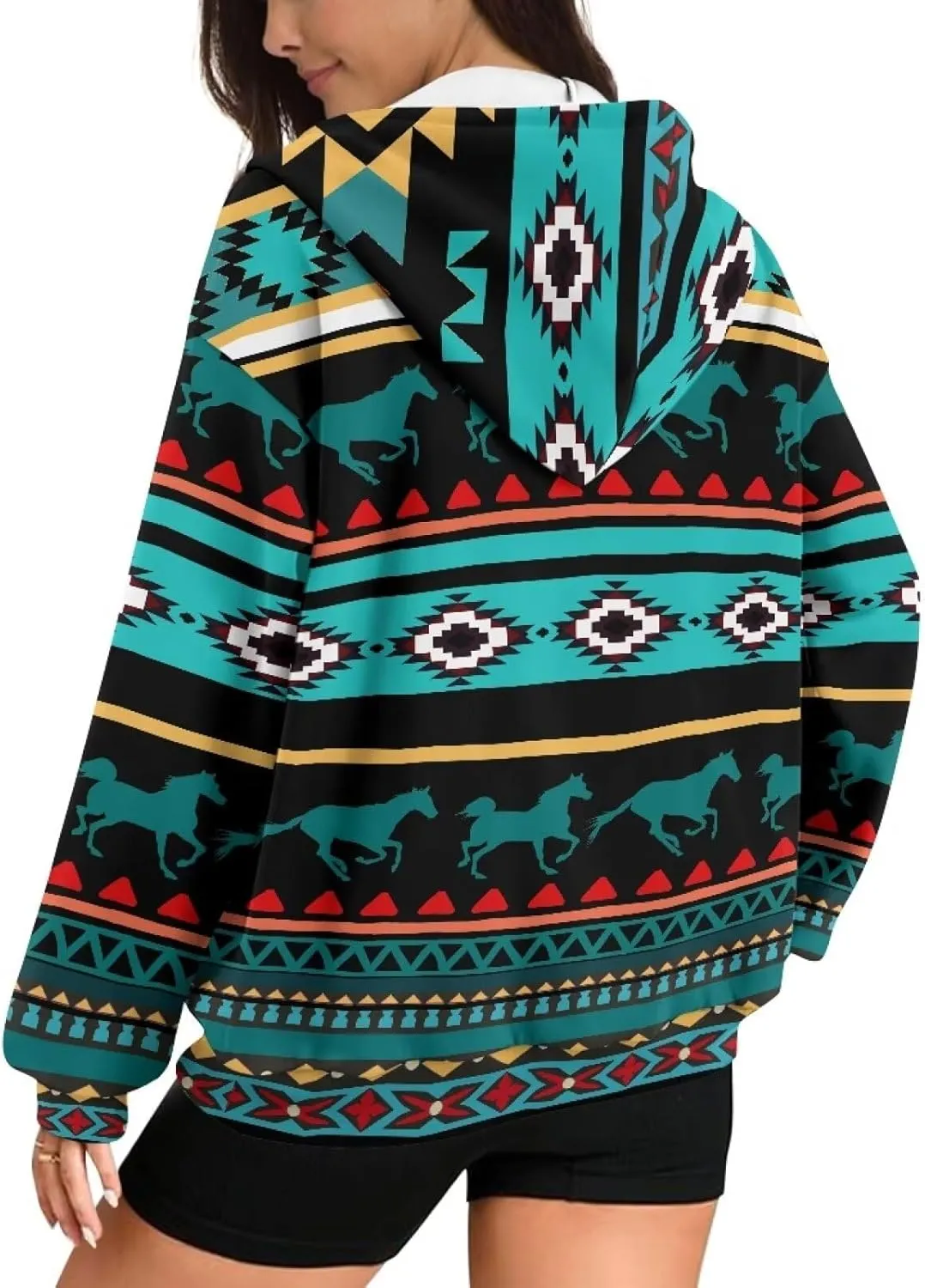 Aztec Zip up Hoodies for Women Western Geometric Print Western Ethnic Style Sweatshirts with Pocket Casual Jacket