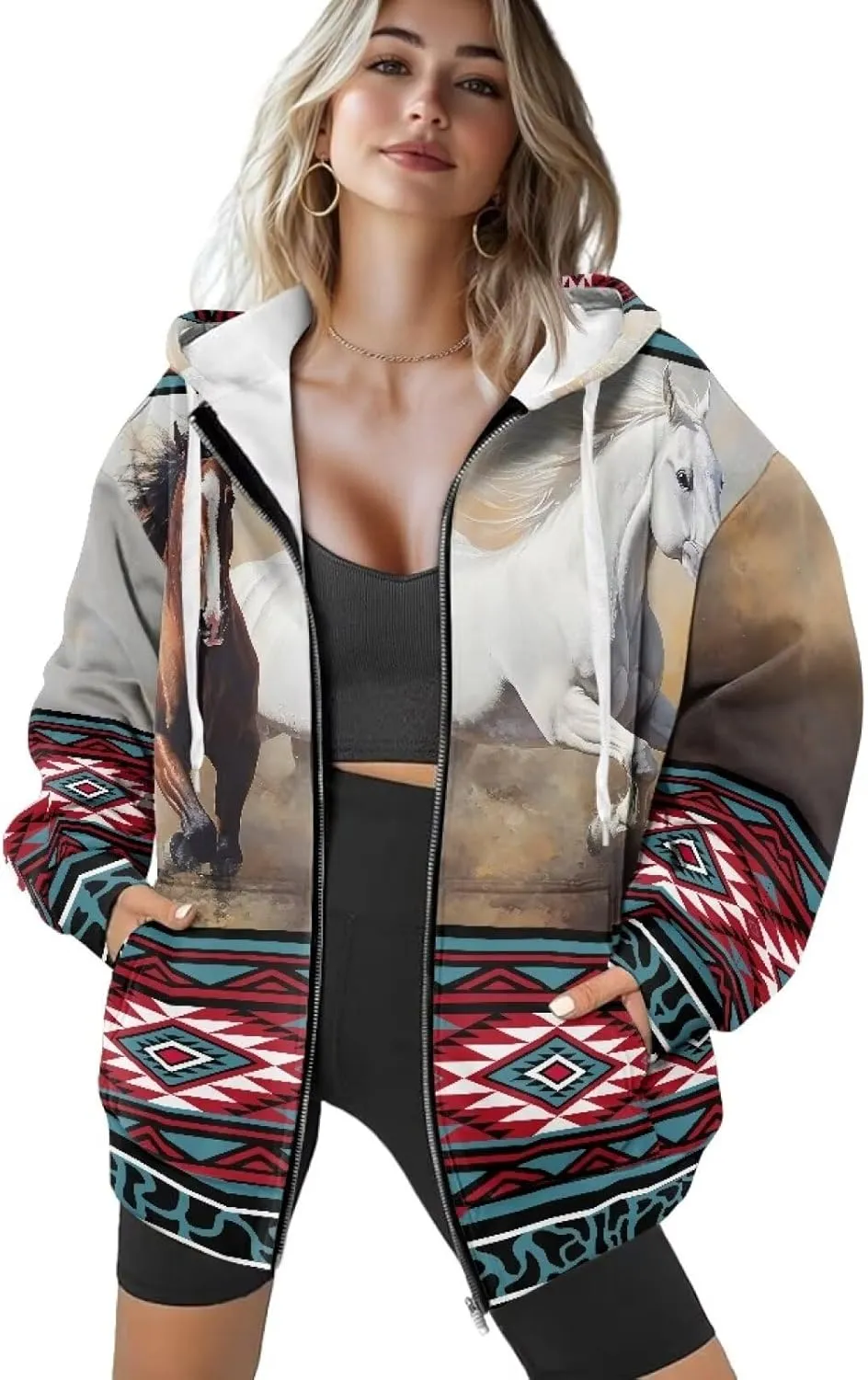 Aztec Zip up Hoodies for Women Western Geometric Print Western Ethnic Style Sweatshirts with Pocket Casual Jacket